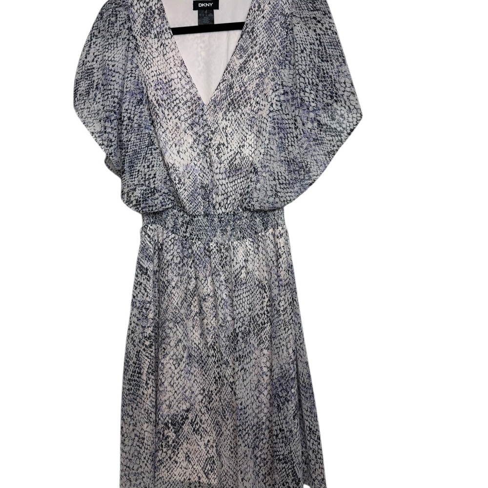 DKNY Womens Dress Size 10 Snake Print V-Neck Puff Sleeve Chiffon Midi Dress